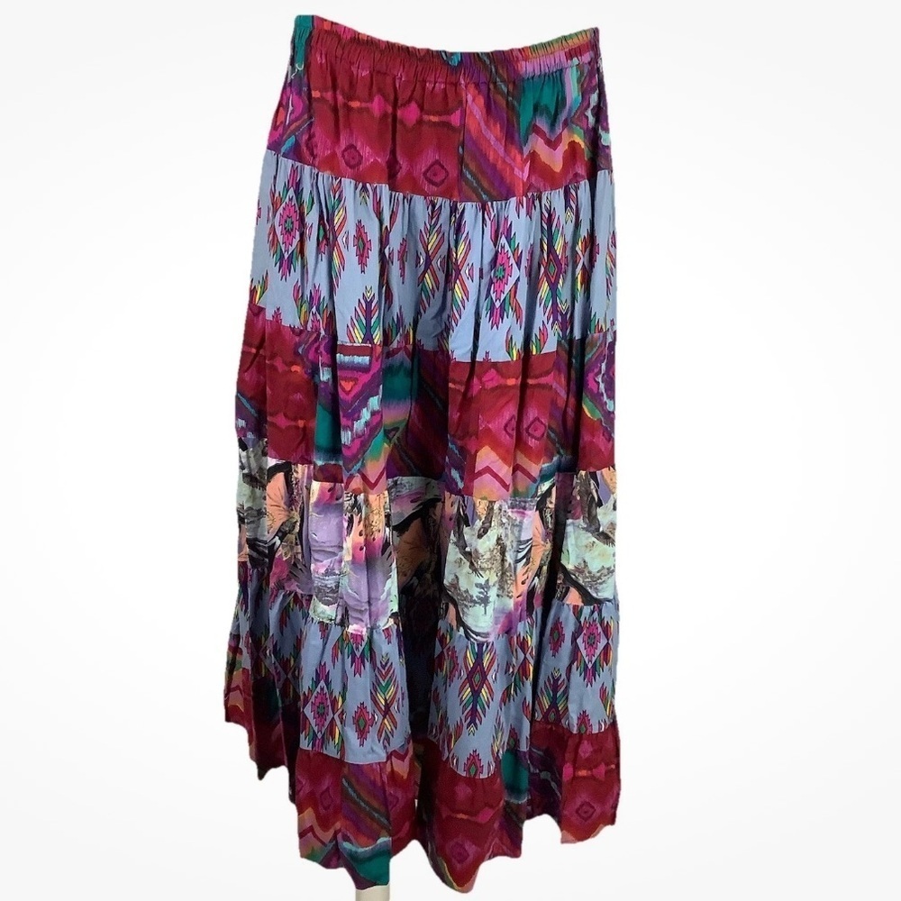 Vintage Alfredo's Wife Sz L Native Aztec Graphic Print Maxi Skirt Multicolor